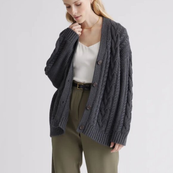 Quince 100% Organic Cotton Oversized Cable Knit Cardigan Sweater Charcoal Size M - Picture 2 of 13